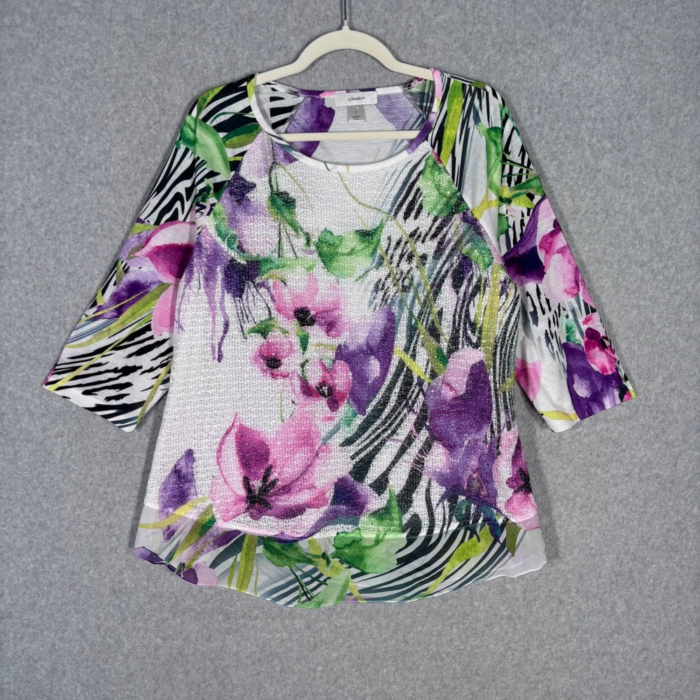 CJ Banks Top Size X Stretch Floral Zebra Crochet Sheer Artsy Grandma Abstract